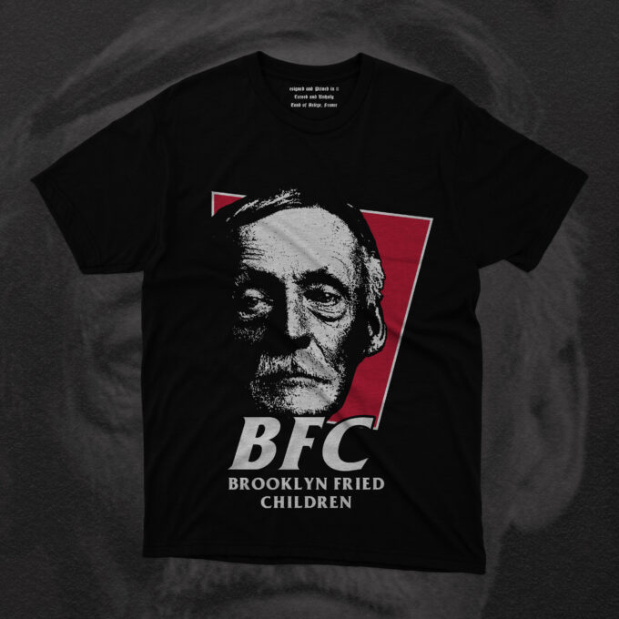 The Hate Couture T-shirt takes dark humor and unsettling imagery to the next level, merging the notorious figure of Albert Fish, the infamous serial killer, with the unexpected face of Colonel Sanders from KFC. This chilling fusion creates a twisted parody that is sure to make a statement.