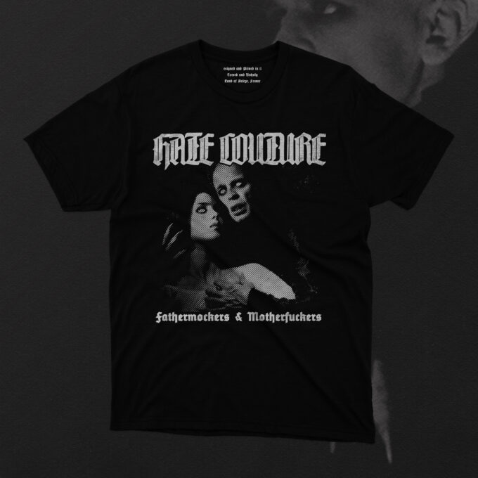 Sinister elegance meets rebellious defiance in HATE COUTURE’s latest drop: "Fathermockers & Motherfuckers." Featuring an iconic scene from Werner Herzog’s 1979 masterpiece Nosferatu the Vampyre—with Isabelle Adjani and the hauntingly deranged Klaus Kinski—this collection fuses gothic horror with pure, unapologetic attitude. A tribute to cinematic terror and unholy transgression, the graphic captures the eerie, hypnotic energy of Kinski’s undead count, juxtaposed with Adjani’s ghostly, tragic beauty. Draped over premium, distressed black fabric, this piece is for those who embrace the night, mock authority, and fuck with convention. For the cursed, the damned, and the ones who bite back.