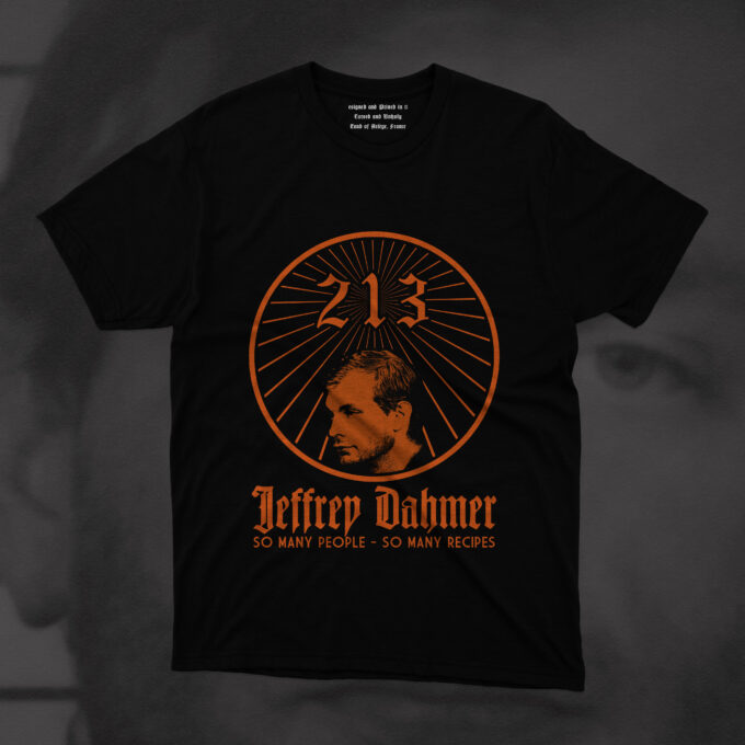 Jeffrey Dahmer Orange Hate Couture is a bold and provocative brand that thrives on dark humor, subversion, and controversial iconography, pushing the boundaries of streetwear with designs that challenge the status quo. One of its most striking and audacious pieces reimagines the iconic Jรคgermeister logo with a macabre twistโincorporating the notorious figure of Jeffrey Dahmer into the emblem, transforming it into a chilling yet satirical statement. This design replaces the revered stag and cross motif with an unsettling but meticulously crafted parody. At its core, the crowned stag is subtly reworked to reflect the twisted narrative of Dahmerโs legacy. Instead of the traditional cross floating above the stagโs head, the infamous number "213" takes its placeโa grim reference to Dahmerโs Milwaukee apartment number, where his gruesome crimes took place. This number, etched in gothic or distressed typography, serves as an eerie symbol of the dark reality behind the seemingly mundane setting where his atrocities unfolded. The overall composition stays true to the recognizable Jรคgermeister aesthetic, employing the same bold circular emblem, vintage filigree, and rich, traditional hues of deep orange, black, and gold. However, upon closer inspection, the details betray the sinister twist: the once-proud stag may appear subtly emaciated, its gaze more vacant, mirroring the eerie lifelessness associated with Dahmerโs infamous mugshot. The gothic Germanic font remains, but with subtle cracks, distress marks, or blood-splattered elements to amplify the designโs unsettling undertones. Hate Coutureโs take on this design is not just about shock valueโit is an exercise in pushing the limits of art, pop culture, and true crime fascination in modern fashion. It taps into societyโs morbid curiosity, making a statement on the intersection of consumer culture, infamy, and iconography. Fans of dark aesthetics, horror-inspired streetwear, and those who revel in provocative fashion statements will find this piece to be a striking addition to their wardrobe. As with all of Hate Coutureโs designs, this piece is meant to evoke thought and stir conversation, walking the razor-thin line between irreverence and social commentary. It stands as a testament to the brandโs ethos: embracing the taboo, recontextualizing history, and creating visually compelling pieces that force viewers to confront the uncomfortable realities behind the pop culture they consume.