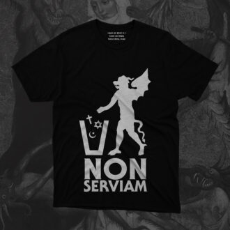 Break free from imposed doctrines with the Hate Couture "Non Serviam" T-Shirt, a bold statement of rebellion against religious authority. Inspired by the infamous litter disposal icon, this design transforms the mundane into the profane—featuring the silhouette of a horned demon casting away the symbols of the world's three dominant monotheistic religions: the Christian cross, the Islamic crescent, and the Jewish Star of David. The phrase "Non Serviam", Latin for "I will not serve", has long been associated with Lucifer’s defiant rejection of servitude, making it the perfect battle cry for those who refuse to submit to dogma, blind faith, or oppressive ideology. This powerful piece is more than just a graphic tee—it’s a declaration of personal freedom, critical thought, and the unrelenting pursuit of self-sovereignty. Crafted from premium-quality cotton for ultimate comfort and durability, the "Non Serviam" T-Shirt embodies Hate Couture’s signature blend of subversive aesthetics and high-impact design. The stark contrast of the iconography against the deep black fabric ensures that your message is loud and clear, whether worn at a metal show, a protest, or simply as a daily reminder of your defiance. This is not just apparel; it’s a statement. Dare to defy. Refuse to kneel. Non Serviam.