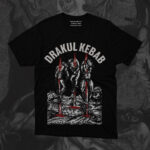Black T-shirt with “Drakul Kebab” text and medieval-style graphic of three impaled figures with red blood details.