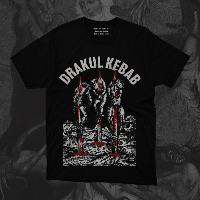 Drakul Kebab Black T-shirt with “Drakul Kebab” text and medieval-style graphic of three impaled figures with red blood details.