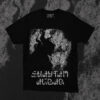 Black Hate Couture t-shirt featuring a smoky, sinister depiction of the Shaytan with bold lettering 'Shaytan Akbar' – dark, provocative streetwear."