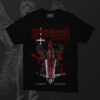 Black Possessed band t-shirt featuring red and white occult artwork with inverted angel, demonic symbols, and “As Above So Below” text. Heavy metal gothic streetwear design for fans of dark and extreme music aesthetics.