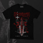 Black Possessed band t-shirt featuring red and white occult artwork with inverted angel, demonic symbols, and “As Above So Below” text. Heavy metal gothic streetwear design for fans of dark and extreme music aesthetics.