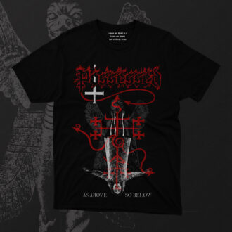 Black Possessed band t-shirt featuring red and white occult artwork with inverted angel, demonic symbols, and “As Above So Below” text. Heavy metal gothic streetwear design for fans of dark and extreme music aesthetics.