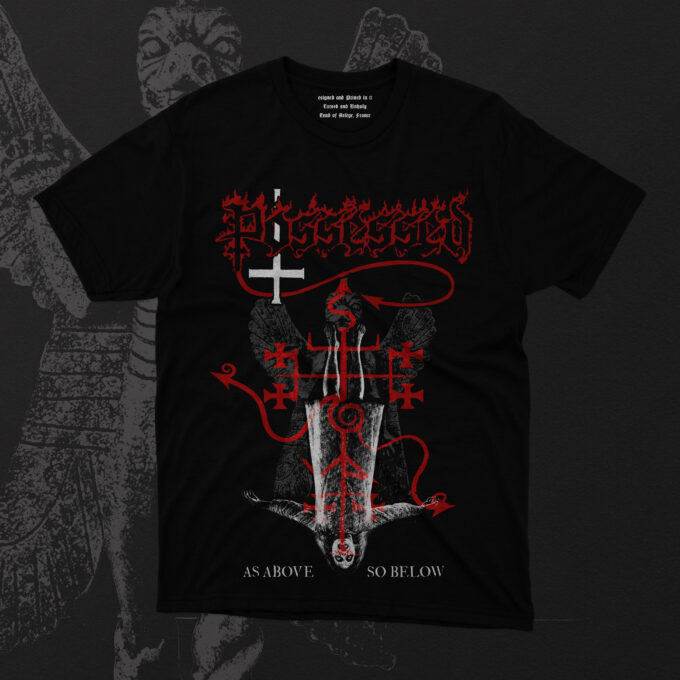 Black Possessed band t-shirt featuring red and white occult artwork with inverted angel, demonic symbols, and “As Above So Below” text. Heavy metal gothic streetwear design for fans of dark and extreme music aesthetics.