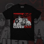 Black Hate Couture t-shirt featuring the “CLUEDEAU” graphic inspired by the Grégory Villemin affair, with four monochrome faces in a red crime-scene style background, dark true-crime aesthetic, cynical French streetwear design.